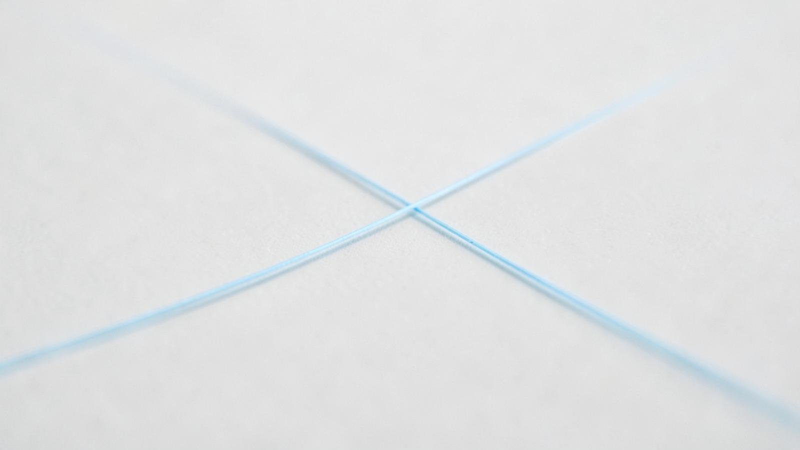 Zwei feine hellblaue Linien kreuzen sich auf hellem Untergrund – Detailmotiv von PR Concepts